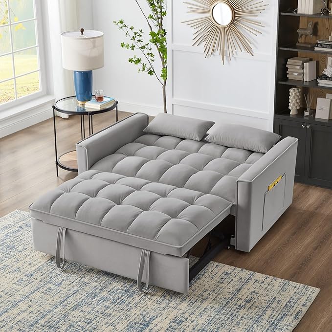 KEIKI Velvet Loveseat Convertible Sofa Bed Sleeper Chair with Adjustable Backrest, Pillows & Storage Pockets, 3 in 1 Pull-Out Couch Chaise Lounge Recliner for Living Room Balcony Bedroom, Grey