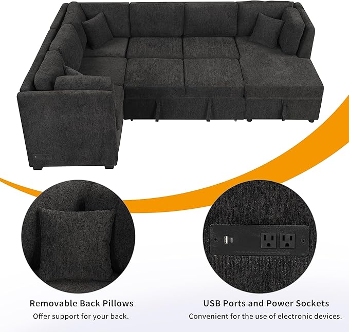 Ball & Cast 108.6" Sleeper Sectional Pull Out Sofa with 2 USB Ports,Two Power Sockets,Versatile U-Shape Couch w/ 3 Back Pillows and Storage Chaise,for Living Room,Office,Apartment,Black