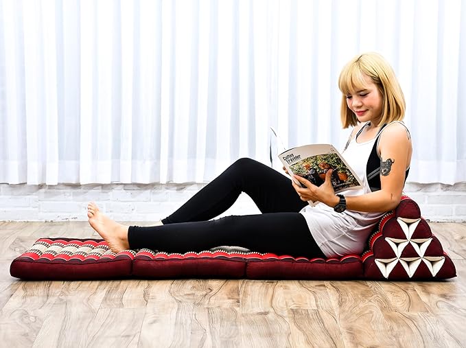 Leewadee - Comfortable Japanese Floor Mattress - Thai Floor Bed with Triangle Cushion - Futon Mattress - Thai Massage Mat, 67 x 21 inches, Red, Kapok Filling