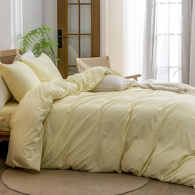 BESTOUCH Duvet Cover Set 100% Washed Cotton Linen Feel Super Soft Comfortable Chic Lightweight 2 PCs Home Bedding Set Solid Light Yellow Twin/Twin XL