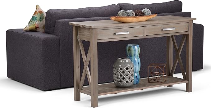 SIMPLIHOME Kitchener Console Table - 47 Inch Wide Solid Wood Sofa Table in Distressed Grey, Contemporary Storage Table for Entryway or Living Room with 2 Drawers, Bottom Shelf, and X-Design Sides