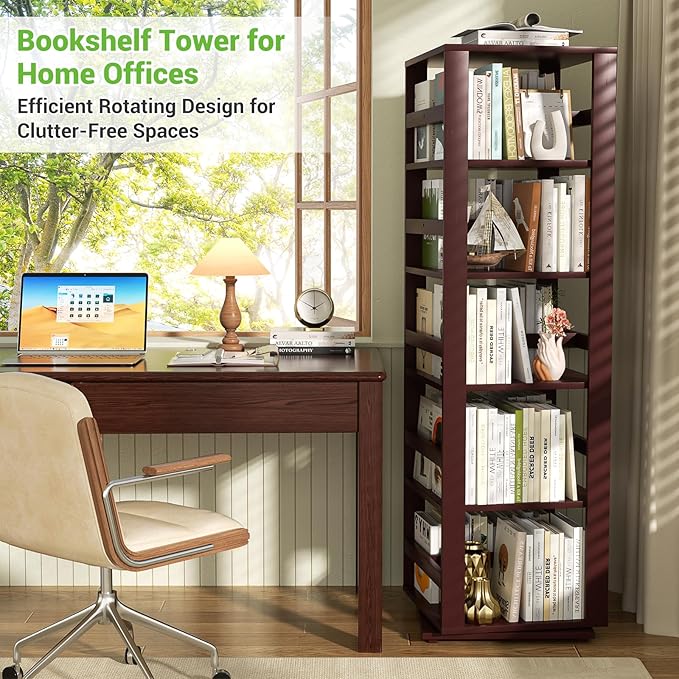Homykic Rotating Bookshelf, Bamboo 360 Display Spinning Bookshelf Tower, 5-Tier Small Corner Bookcase for Small Spaces, Narrow Revolving Book Shelf Organizer Rack for Home Office, Espresso