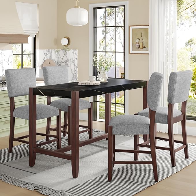 Ball & Cast 5-Piece Dining Table Set for 4,Kitchen Table Set W/Faux Marble Bar Table,Counter Height Living Room Furniture W/ 4 Upholstered Chairs,for Dining Room,Pub Kitchen,Small Place,Black+ Gray