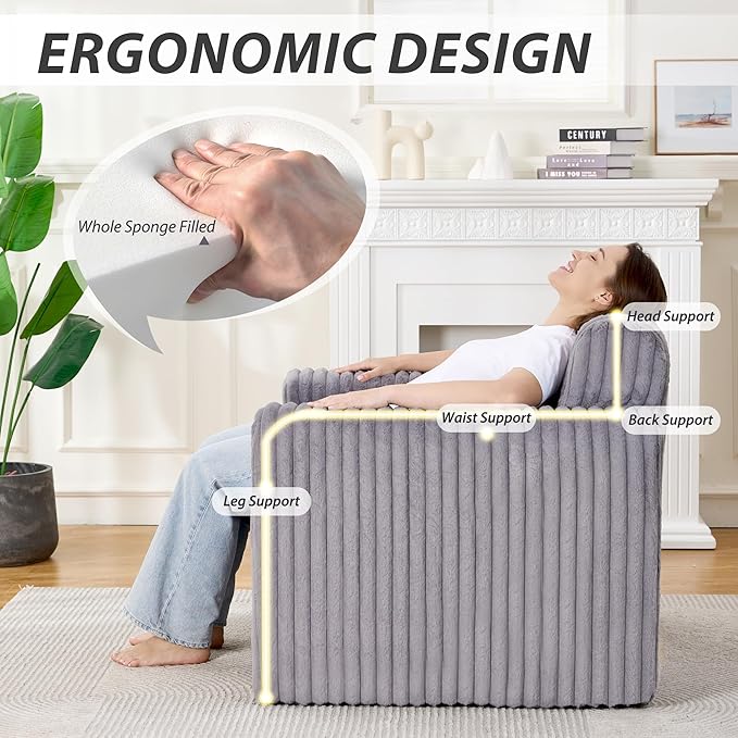 Giant Bean Bag Chair for Adults, Non-Slip Floor Sofa with High Backrest & Wider Armrest, Upgrade Whole Sponge Bean Bag Sofa Couch for Bedroom Living Room(Large,Grey,Stripe Plush)