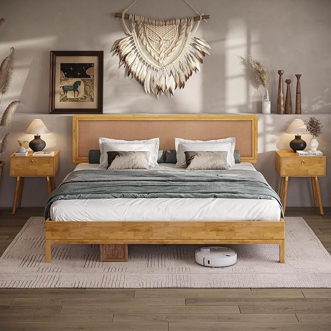Nipe Platform Bed Frame with Headboard Size King - Light Natural - Solid Rubber