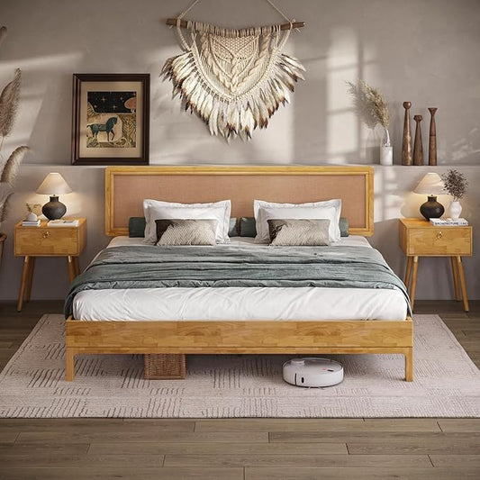 Nipe Platform Bed Frame with Headboard Size King - Light Natural - Solid Rubber