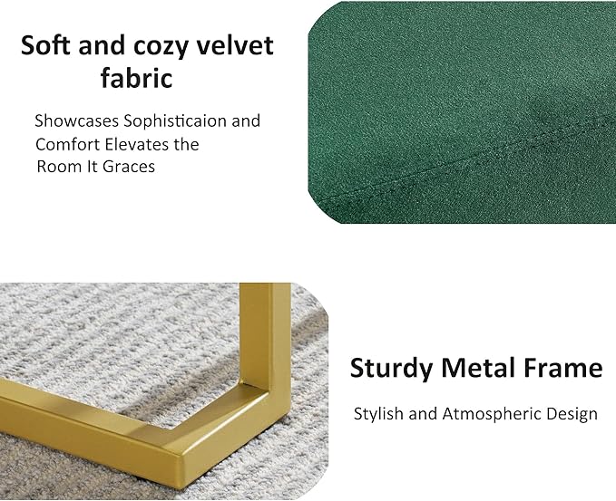Modern Style Bedroom Single Seat Bench, Cushioned Bed end Stool, Living Room Sofa Stool, Footstool with Golden Iron Legs, Suitable for Bedroom and Living Room (Dark Green, 21.65"x15.74"X16.53")