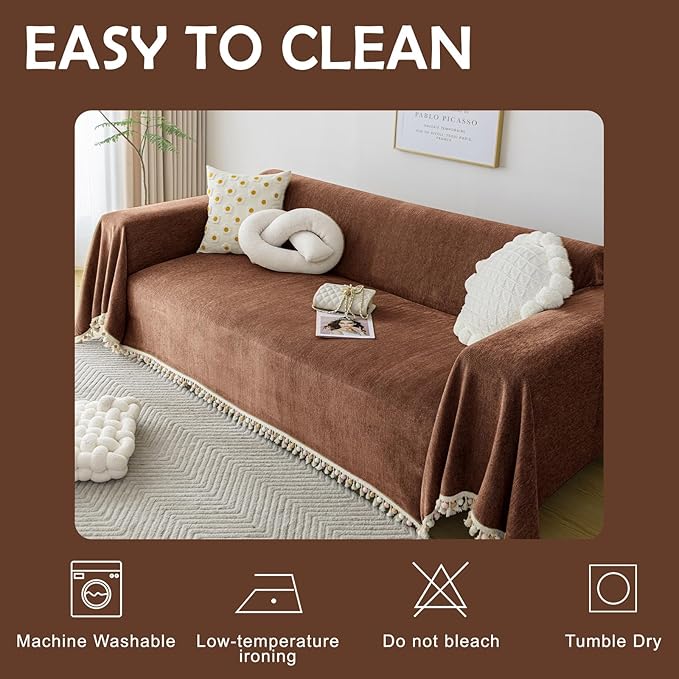HANDONTIME Boho Style Sofa Cover with Tassels, Washable & Non-Slip Couch Cover for 3 Cushion Sofa, Herringbone Pattern Pet-Friendly Sofa Slipcover, Chocolate Color, 71"x118", Living Room Decor