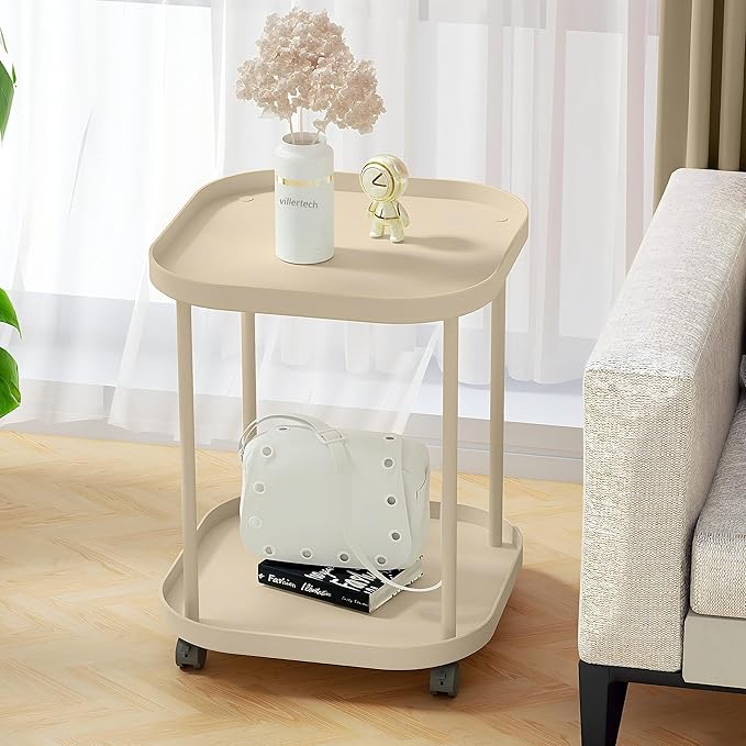 Side Table with Wheels, End Table Living Room Plastic Mobile Sofa Side Table Small Night Stand Bedroom Khaki