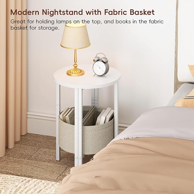 VAGUSICC Small Round Side Table End Table with Storage Basket, Tall Accent Coffee Table Round Nightstand, Set of 2 Half Round Tables Half Moon Tables, Sofa Bedside Table for Living Room Bedroom, White