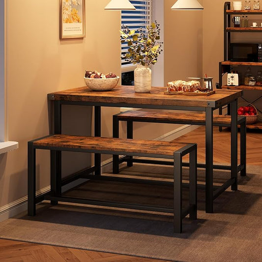 Dining Table Set for 4 with 2 Benches, 3-Piece Kitchen Table Set, Space-Saving Dining Set for Kitchen, Dining Room, Brown