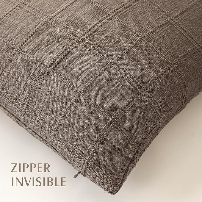 Foindtower Set of 2 Decorative Linen Check Throw Pillow Covers Neutral Farmhouse Vintage Cushion Covers Modern Boho Home Decor for Sofa Chair Couch Bedroom Living Room Outdoor,22×22 Inch,Taupe Grey