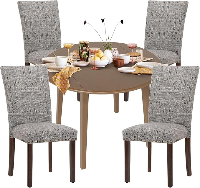 COLAMY 5-Piece Extendable Dining Table Set for 4, 36" Kitchen Round Wood Table with 4 Nailhead Dining Room Chairs,Light Brown/Boho