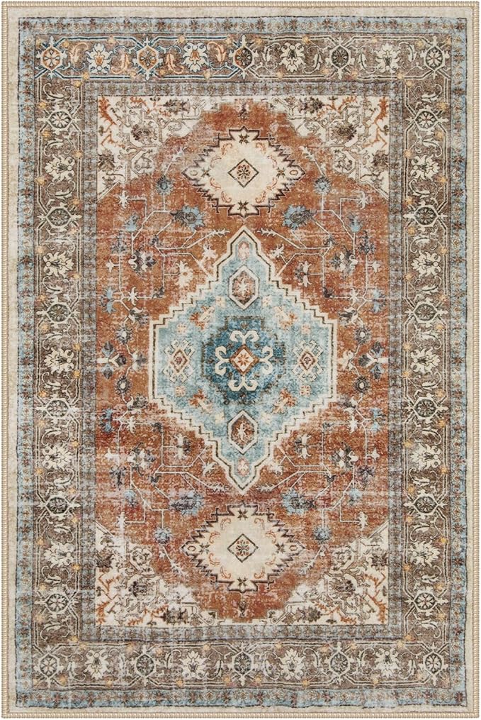 Lahome Oriental Small Rugs for Entryway, 2x3 Rug Non Slip Washable Door Mat Indoor Entrance Ultra-Thin Vintage Soft Carpet for Kitchen Bedroom Front Door Bathroom, Orange/Multi