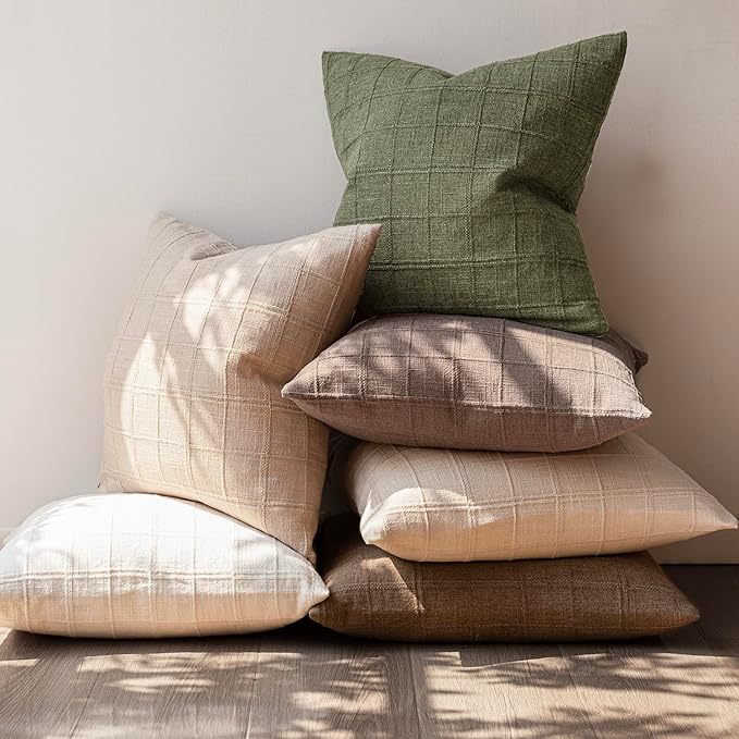 Foindtower Set of 2 Decorative Linen Check Throw Pillow Covers Neutral Farmhouse Vintage Cushion Covers Modern Boho Home Decor for Sofa Chair Couch Bedroom Living Room Outdoor,24×24 Inch,Sage Green