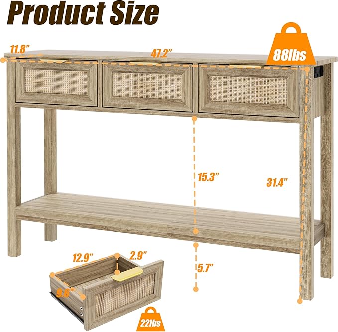 Entryway Table, Rattan Console Table with 3 Storage Drawers and Storage Shelf, Sofa Table with Socket, for Entryway, Living Room, Behind Couch and Hallway (Natural Wood)