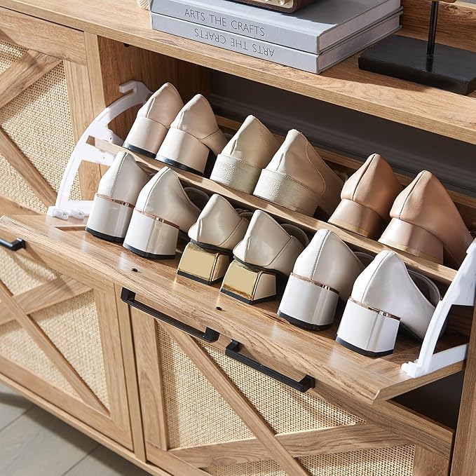 Shoe Storage Cabinet, Boho Shoe Organizer with 4 Flip Drawers & Rattan Design,Farmhouse Freestanding Hidden Slim Narrow Shoe Rack Cabinet for Entryway, Foyer,Hallway,Natural
