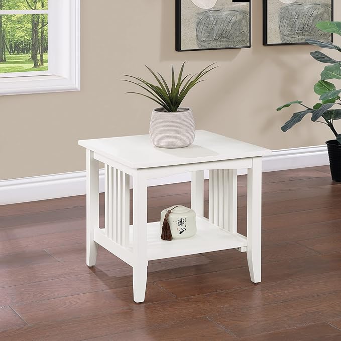 OSP Home Furnishings Sierra End Table with Lower Storage Shelf and Mission Style Side Panels, White