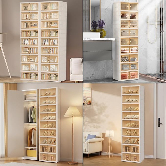 Foldable Shoe Organizer Storage Box, Portable Extra Large Folding Shoe Rack for Closet, Shoe Storage Box with Magnetic Transparent Door and Wheels, 9 Layers 18 Grids.