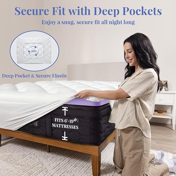 OhGeni Cooling 4 inch Dual Layer Queen Mattress Topper, 2 inch Cooling Gel Memory Foam, 2 inch Down Alternative Pillow Top Pad, Mattresses Cover for Bed, Medium Support, Fits 6”-19” Deep Pocket,Purple
