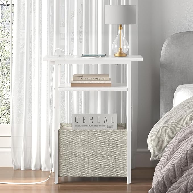 Narrow Side Table with Charging Station, Small End Table for Small Spaces, Skinny Nightstands with Storage Basket, 3 Tier Sofa Couch Bedside Tables for Living Room,Bedroom, White