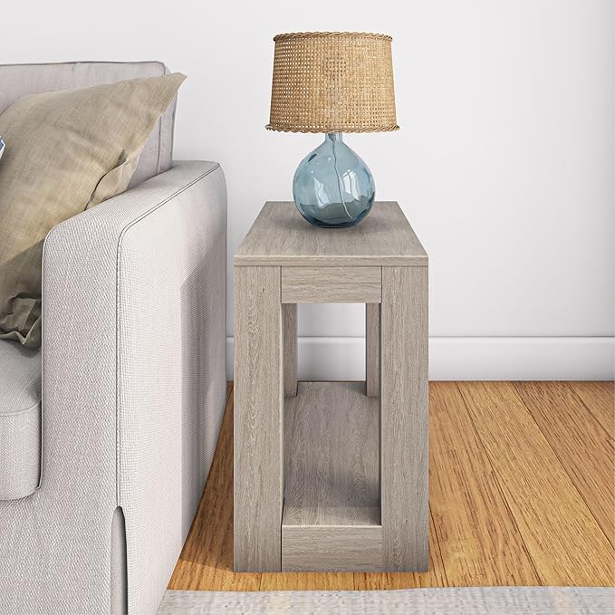 Plank+Beam Modern Rectangular Side Table with Shelf, 25", Solid Wood Narrow End Table for Living Room with Storage, Compact Bedside Table for Small Spaces, Seashell Wirebrush