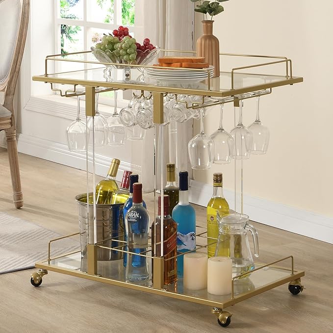 Bar Cart for Home Bar Chrome Serving Cart with Wine Rack 2-Tier Acrylic Rolling Bar Carts on Wheels Clear Dessert Cart Lucite Bar Stand Glass Liquor Cart for Living Room Kitchen Club Gold