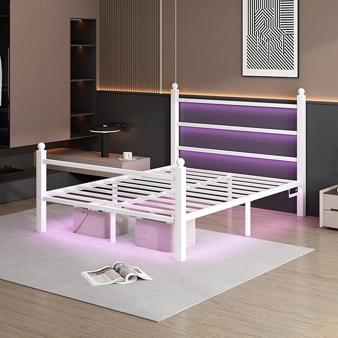 Queen Bed Frame with Headboard and Footboard,Steel Slats Support-LED Bed Frame with USB Charging Station,Mattress Foundation-Under Bed Storage,No Box Spring Needed,Noise Free,White