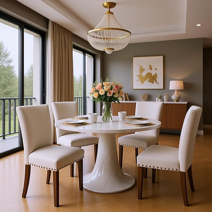 Set of 6 Beige Upholstered Dining Chairs – Farmhouse Kitchen Chairs with High Back, Solid Rubberwood Legs, Padded Foam Seat & Bronze Nailhead Trim, Comfortable Dining Room Chairs for Home