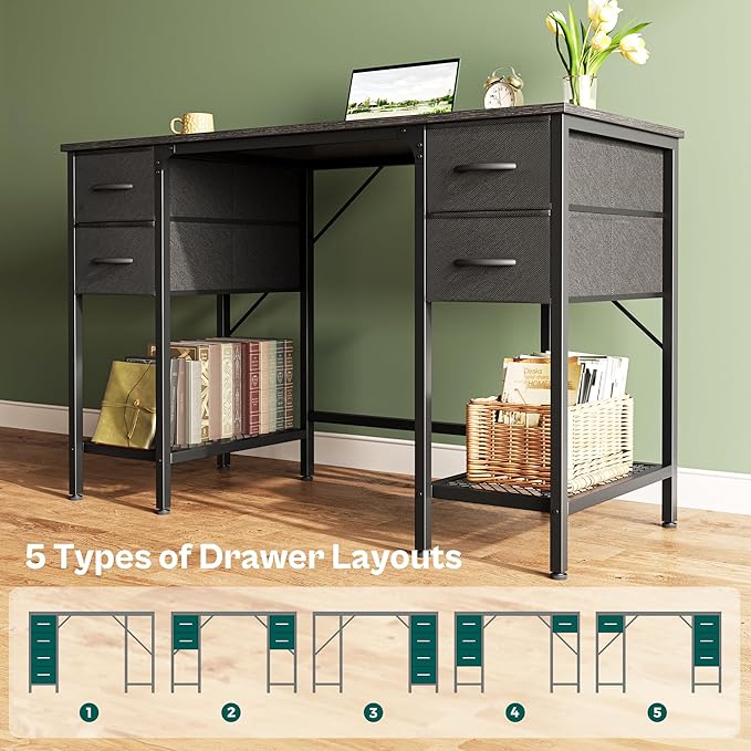 Huuger 47 Inch Computer Desk with 4 Drawers, Office Desk with Mesh Shelf, Gaming Desk, Large Storage, Writing Work Desk for Home Office, Study, Bedroom, Work from Home, Black
