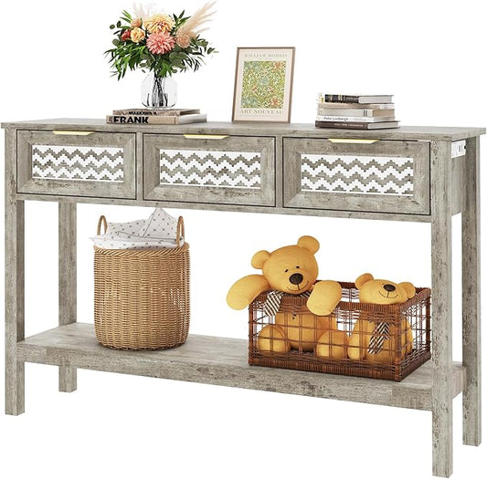 Entryway Table, Rattan Console Table with 3 Storage Drawers and Storage Shelf, Sofa Table with Socket, for Entryway, Living Room, Behind Couch and Hallway (Grey)