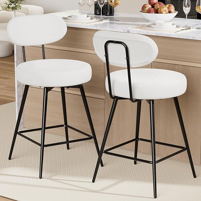 HOMMPA Counter Height Swivel Bar Stools Set of 2 Boucle Barstools 26'' Upholstered Modern Counter Barstools with Back Metal Legs Bar Stools Chairs for Kitchen Counter Island White