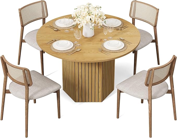 LITTLE TREE Round Wood Dining Table, 47-Inch Small Dining Table for 4, Modern Circle Kitchen Table with Wood Strip Base for Kitchen Living Room, Walnut