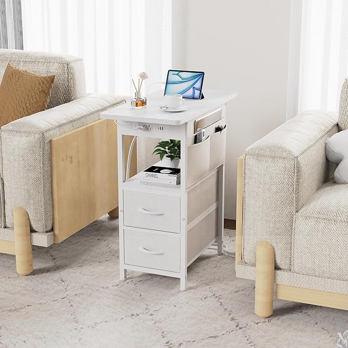 Small Side Table with Charging Station, Narrow Nightstand Bedside Tables with Storage Pocket for Living Room Bedroom, Sofa End Table with USB Ports and Power Outlets for Small Spaces