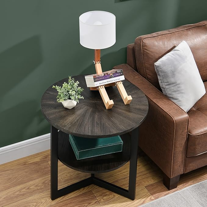LEEMTORIG Round Side Table, Large 2-Tier End Table Nightstand with Metal Legs, Modern Bedside Couch Table for Living Room, Bedroom, Office, Rustic Black/Black, 25.2 x 25.2 x 24 inches CJZ-1338-BK