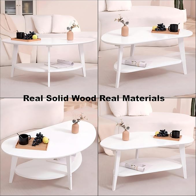 Mid-Century Modern Coffee Table for Living Room, 100% Solid Wood Oval Coffee Table, 2 Tier Wooden Coffee Tables for Home Office Livingroom, 40.2 x 22 Inches Easy Assemble (White)
