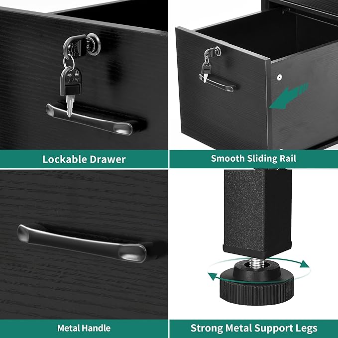 DWVO Computer Desk with Drawers & Hutch, 59.1" Office Desk with Power Outlets & LED Lights, Home Office Desk with Storage Shelves, Black