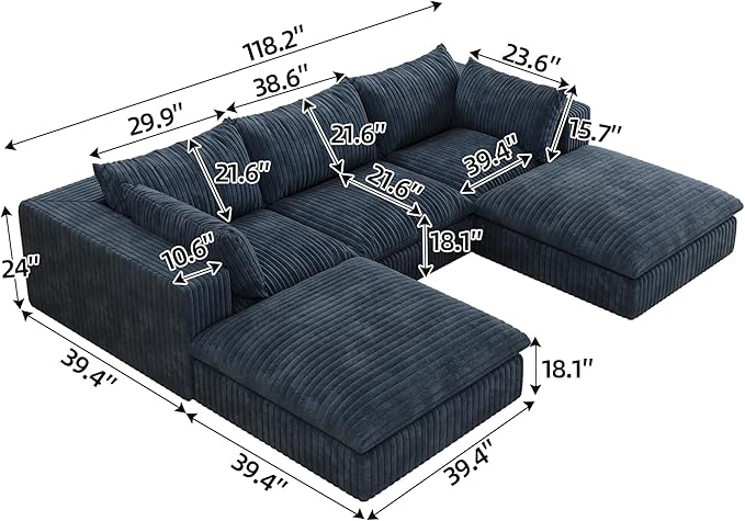 Down Filled Boneless Sectional Sofa Cloud Couch with Movable Ottomans, 118 inch Convertible U Shaped Lounge Couch w/Deep Seat, Fluffy Corduroy Upholstered Compress Modular Sofa