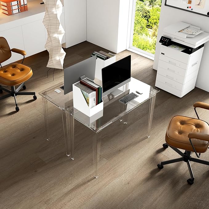 HMYHUM Acrylic Computer Desk, 43.3 Inch, Clear Study Desk for Home Office, Writing, Vanity, Modern, Easy Assembly, 19.7" W x 29.5" H, Right-Angle Legs Design