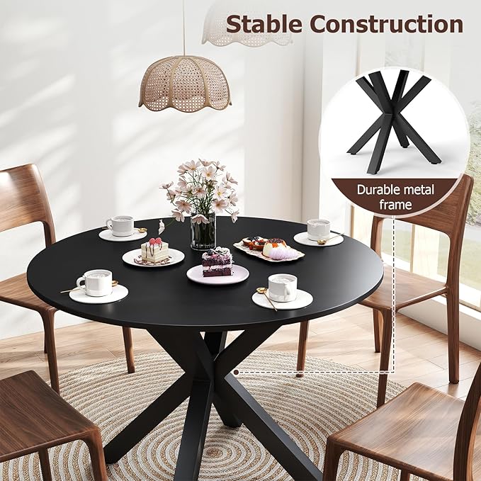 Round Dining Table, 42" Kitchen Dining Table for 4-6, Small Round Table with Metal Cross Legs, Modern Round Dining Room Table for Kitchen, Apartment, Living Room, Black