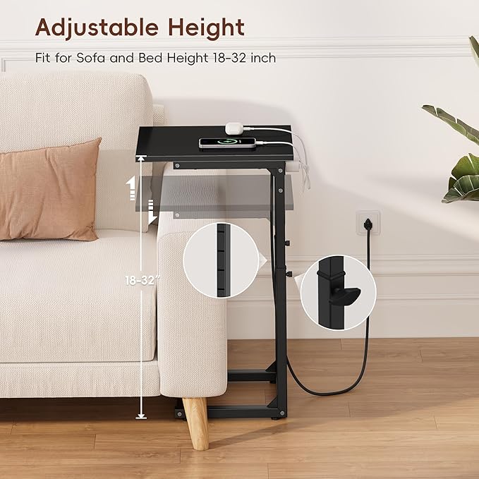 Vagusicc C Shaped End Table with Charging Station, 33" Tall Side Table for Couch, C Table Adjustable Height Small Couch Side Tables, Slide Under Sofa Table TV Tray Tables for Living Room,Bedroom,Black
