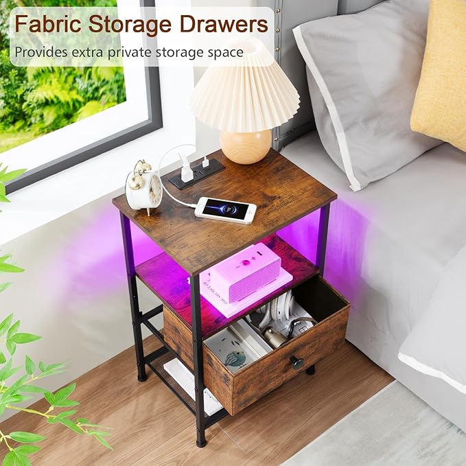 Night Stand Set 2, LED Nightstand with Charging Station, End Tables Living Room with Fabric Drawer for Small Spaces, Side Tables with Storage Shelf for Bedroom, Rustic Brown HETS01PQBR