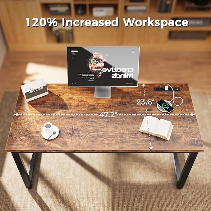 Huuger 48 x 24 inch Desk with Power Outlets & USB-C, Deeper & Thicker Desktop, Robust Metal Tubes, Computer Desk, Heavy Duty Office Desk, Work Gaming Desk for Home Office, Rustic Brown