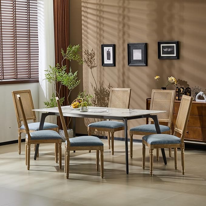 Merax Upholstered Solid Wood Dining Chairs Set of 6, French Country Style Accent Side Seating Furniture for Kitchen, Living Room, Wicker Back, Slate Blue