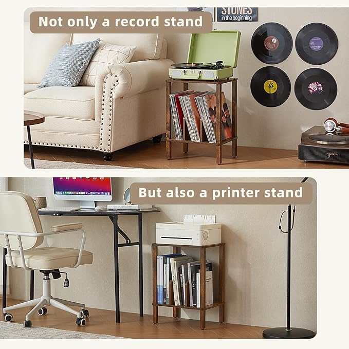LELELINKY 2-Tier Bamboo Record Player Stand Set of 2 with Vinyl Record Storage up to 100 Albums, Boho Bedroom Record Holder and Multi-Functional End Table for Living Room, Brown