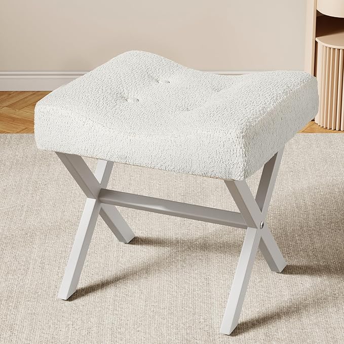18-Inch Large Vanity Stool Chair, Vanity Bench with Metal X-Legs, Ottoman Foot Stool with Breathable and Soft Boucle Fabric Saddle Seat, White