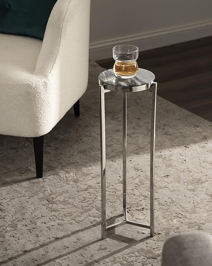 Kate and Laurel Aguilar Modern Drink Table; 9 x 9 x 23; Gray and Silver; Genuine Marble Accent Table for Small Spaces