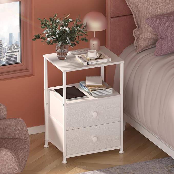 Tohomeor Nightstand with Charging Station LED Light End Table Bedroom Bed Side Dresser with Fabric Drawers Open Storage Shelf Living Room Sofa End Table with USB Ports and Outlet (White, 2 Packs)