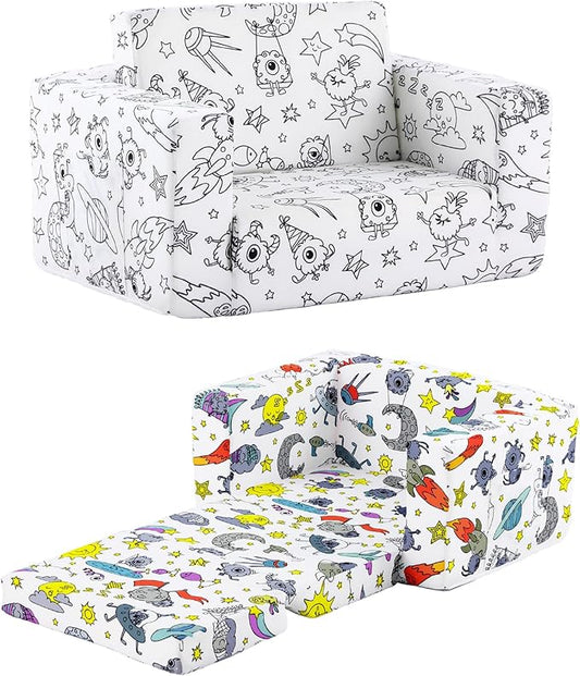 Tiita Kids Sofa Couch, Convertible Children Couch to Lounger, Toddler Comfy Sofa with Cute Graffiti Pattern Design for Girls and Boys, Graffiti