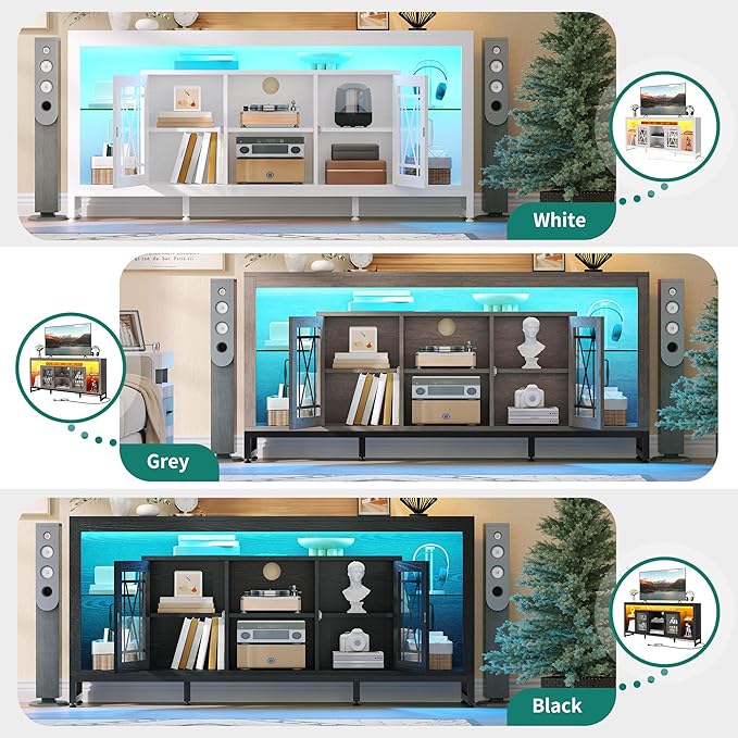 YITAHOME 33.5'' Tall TV Stand for 75 inch TV, LED Entertainment Center with Storage, Grey TV Stands for Living Room with Acrylic Doors & Power Outlets, Tall TV Console Cabinet, Grey